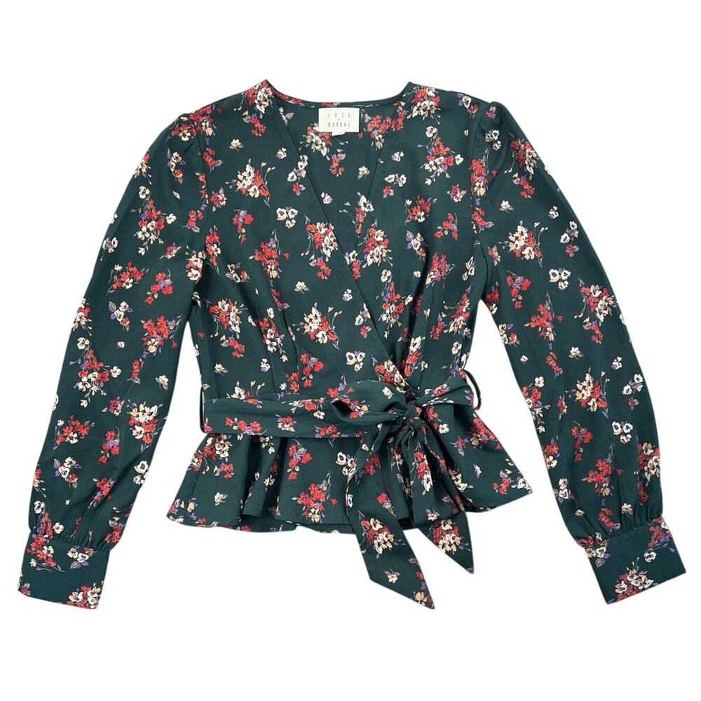 Lost + Wander Green Floral Wrap Peplum Blouse Tie Waist Boho Romantic - S
